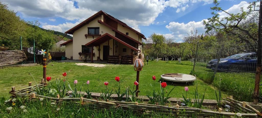 BrăduleţCottage in traditional village Bradulet, Arges county的院子里一束鲜花的房子