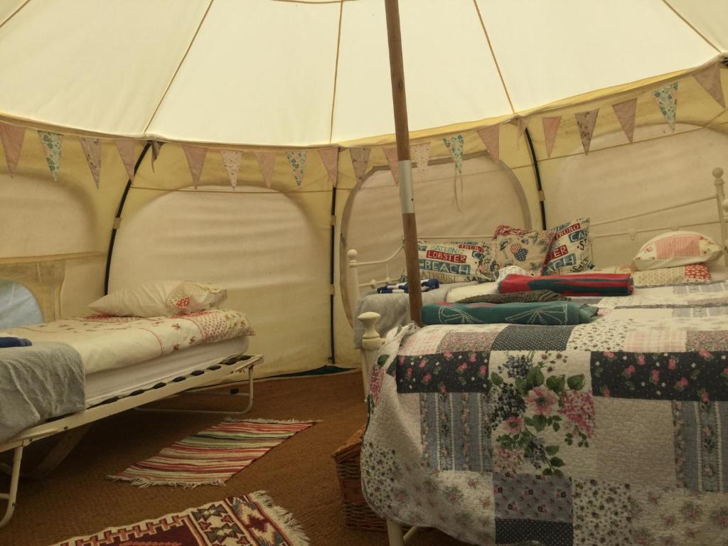 金斯布里奇Horsemans Stargazing Tent的一间帐篷内带两张床的卧室
