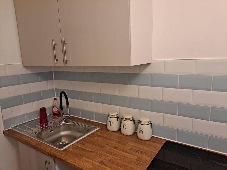 CanleyTwo bedroom maisonette close toWarwick Uni的厨房柜台配有水槽和白色橱柜