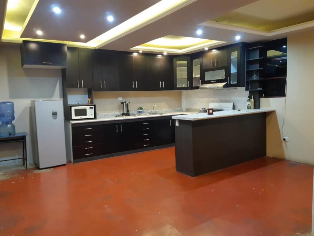 圣胡安拉拉古纳Casa Elenita的厨房配有黑色橱柜和白色冰箱。