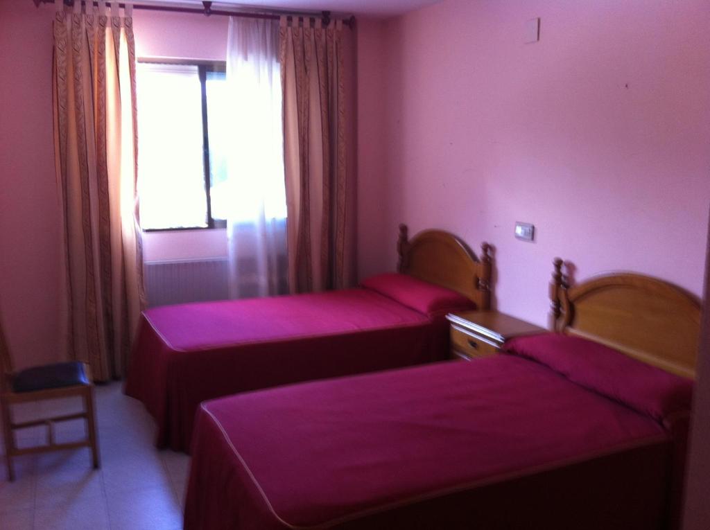 本比夫雷Hostal Tio Pepe I的客房设有两张带紫色床单的床和窗户。