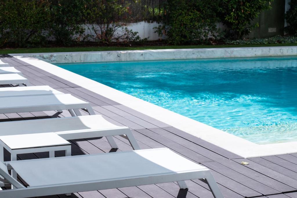 埃武拉埃武拉橄榄酒店的游泳池旁设有白色躺椅