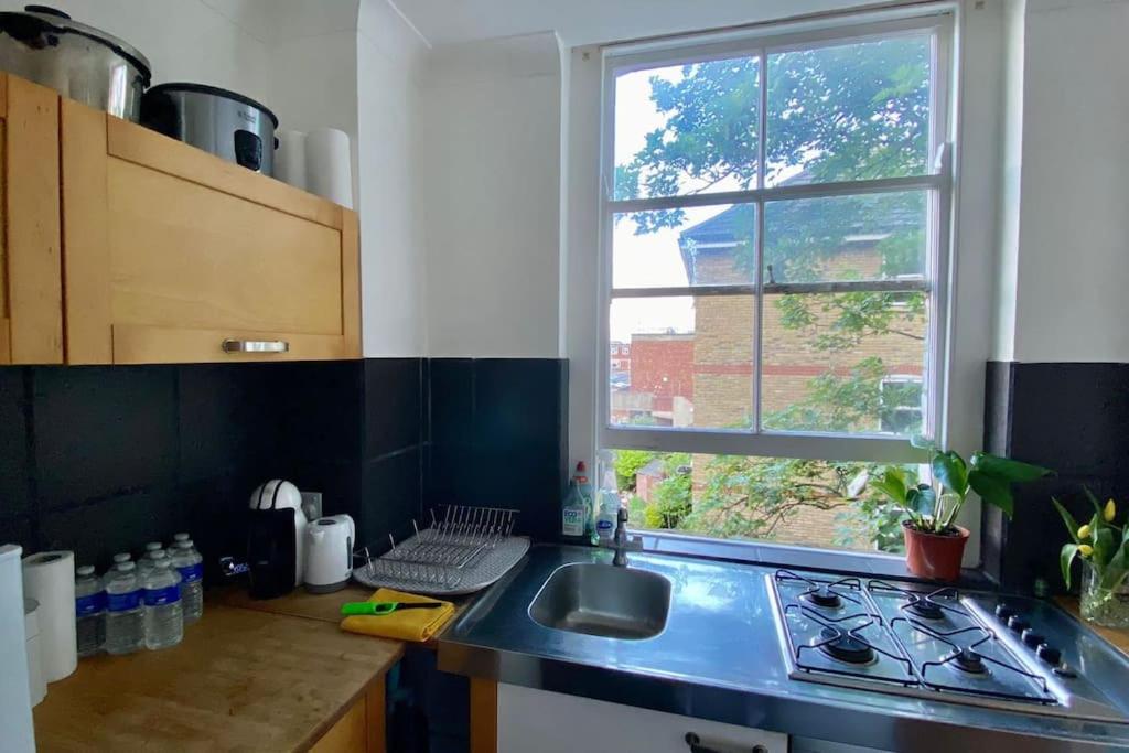 伦敦2 Bedroom Flat in Camberwell Green - Central Location with excellent connections to tourist attractions and main London airports的厨房设有水槽和窗户。