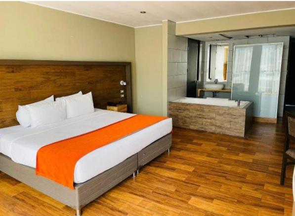 库斯科HOTEL POLO CORPORATIVO SAN SEBASTIAN的一间带大床的卧室和一间浴室
