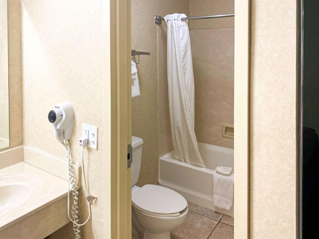 布兰森The Boardwalk Inn的浴室配有卫生间、盥洗盆和淋浴。