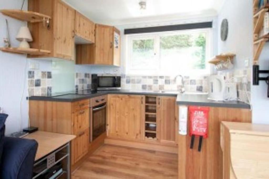 斯旺西Summercliffe Chalet No 75的一个带木制橱柜和大窗户的厨房