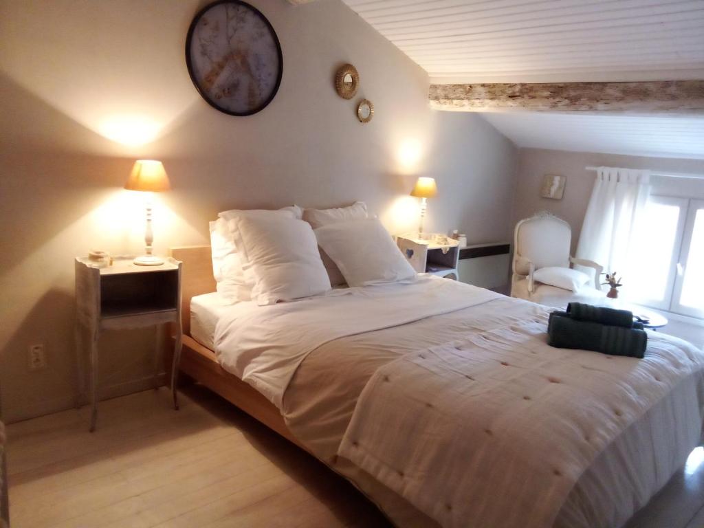 艾格-莫尔特La maison perchee的卧室配有一张大床,墙上挂着时钟