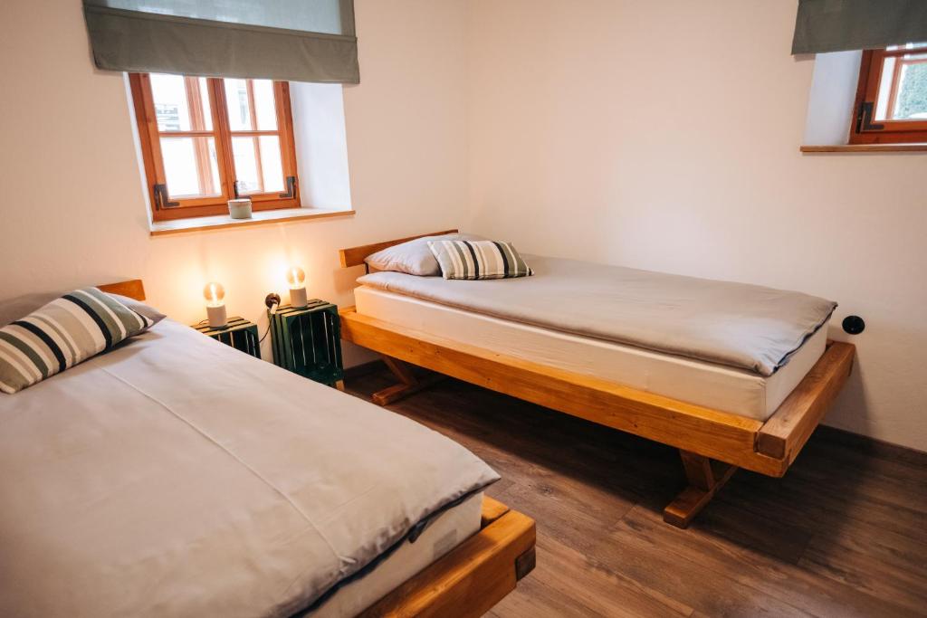 LjubnoŠtekner house Apartma的带2扇窗户的客房内的2张单人床