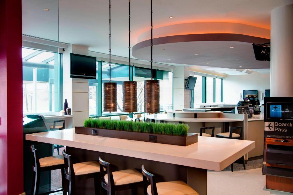 皇后区纽约肯尼迪机场万怡酒店的厨房配有带植物桌子的台面