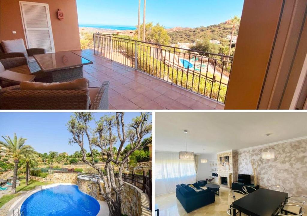 奥亨Marbella Sun Apartment - lush garden and sea view的房屋两张照片的拼贴