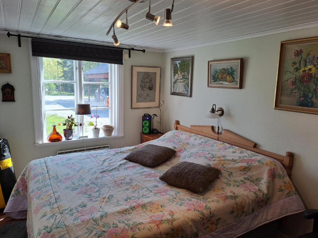 诺拉Hejdbacken的一间卧室配有一张带两个枕头的床