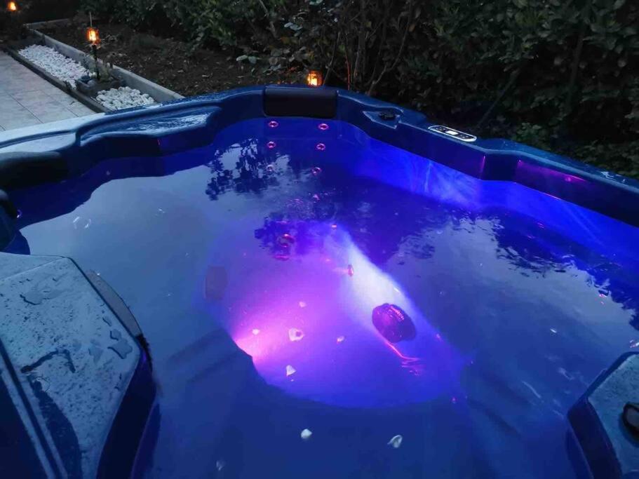 托农莱班Maison Time Break Jacuzzi - 4 étoiles的水中紫色光的游泳池