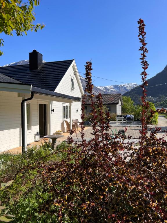 艾菲约德Cozy house in Eidfjord的前面有长凳的白色房子