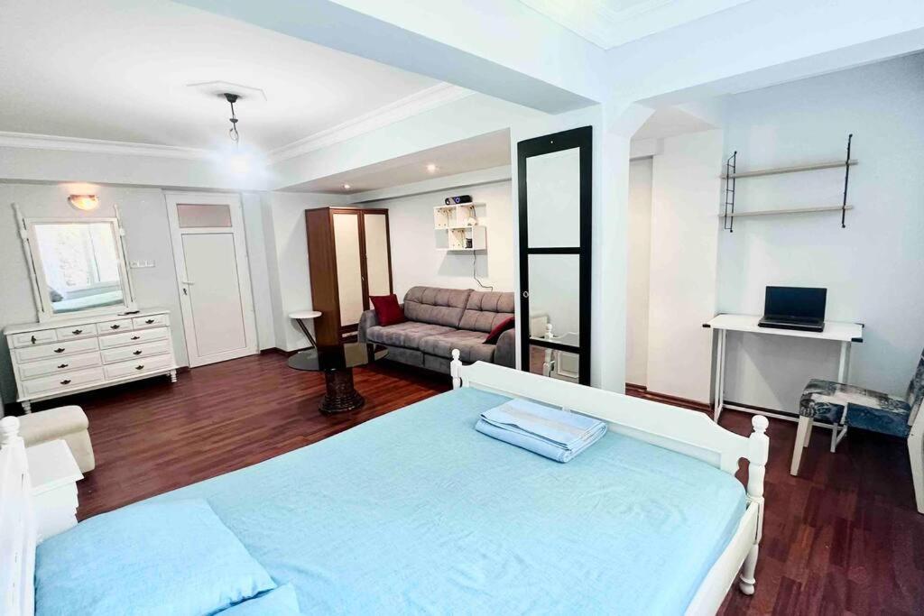 菲尼凯Stylish&Luxury Flat with Garden Close to Sea的一间卧室配有一张床和一张沙发