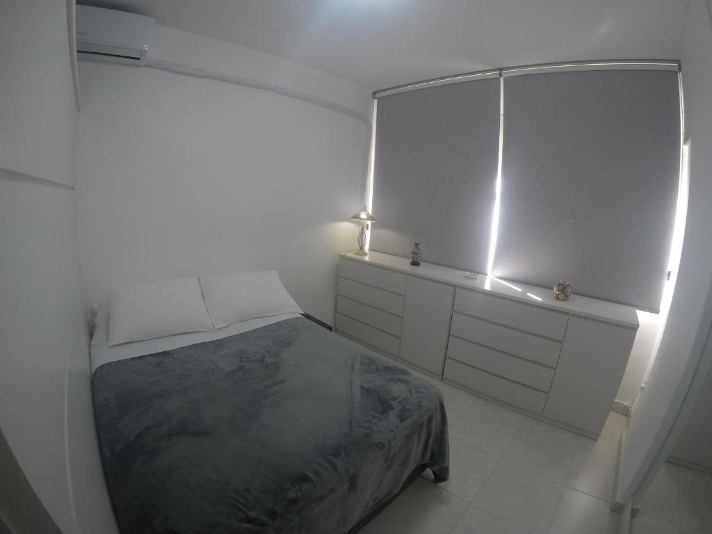 弗洛里亚诺波利斯Ap no centro de Florianopolis的白色卧室配有床和镜子