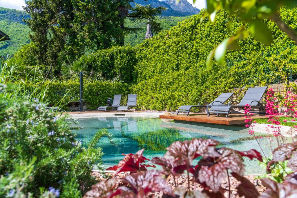 泰尔梅诺Ferienwohnungen Atz的山边带躺椅的游泳池