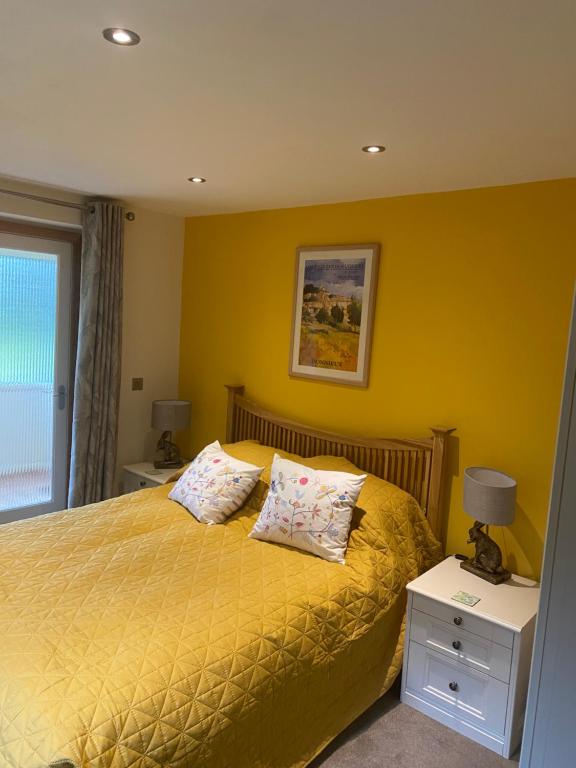 DilhamOtters End的黄色卧室配有带2个枕头的床