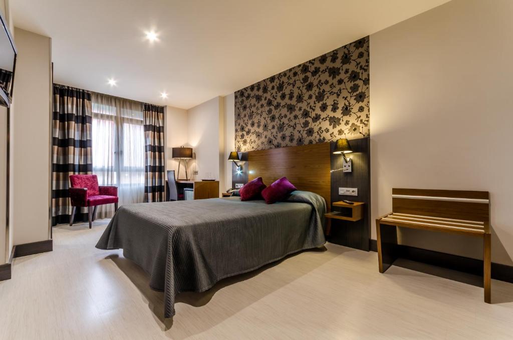 加的斯雷吉奥加的斯酒店的一间卧室配有一张床、一张桌子和一把椅子