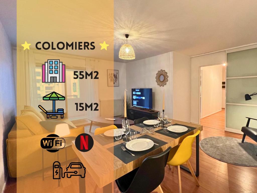 科洛米耶Colomiers Shelter - City, Terrasse, Wifi, Netflix的一间带桌子和黄色椅子的用餐室