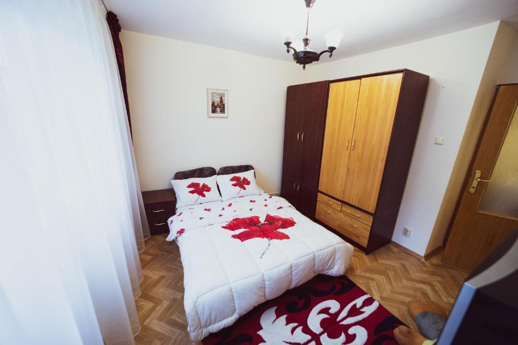 斯勒尼克Apartament Slănic Prahova的小房间设有床和橱柜