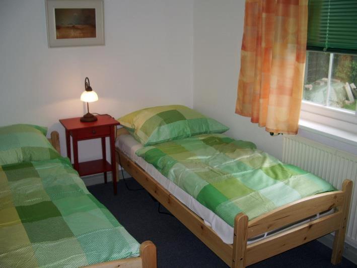 BardowickFerienhaus Strobel的一间卧室配有两张床和一张带台灯的桌子