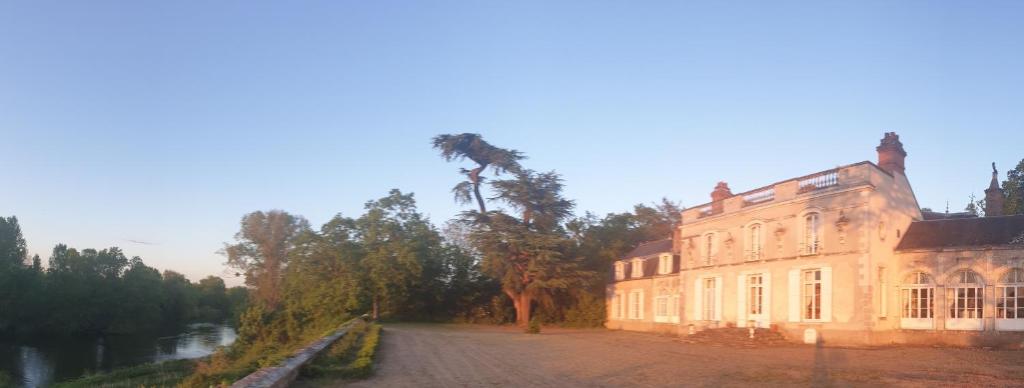 卢瓦尔河畔米德高力城堡酒店的一座古老的建筑,旁边是一条马路,上面有棕榈树