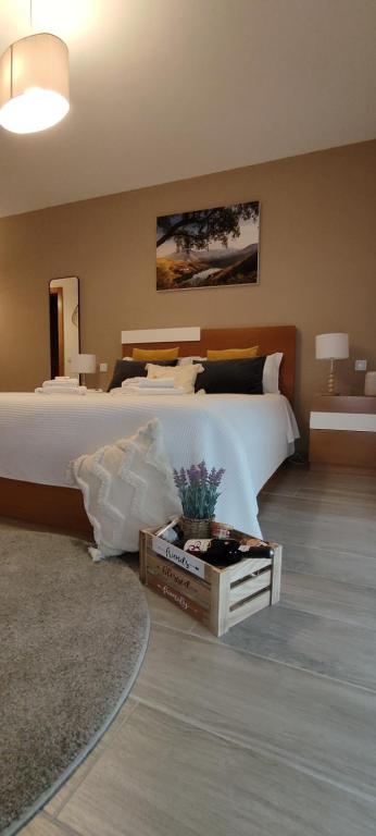 比索达雷加Joana & Marco - Guest House - 4 Caminhos的卧室配有一张白色的大床和一张桌子