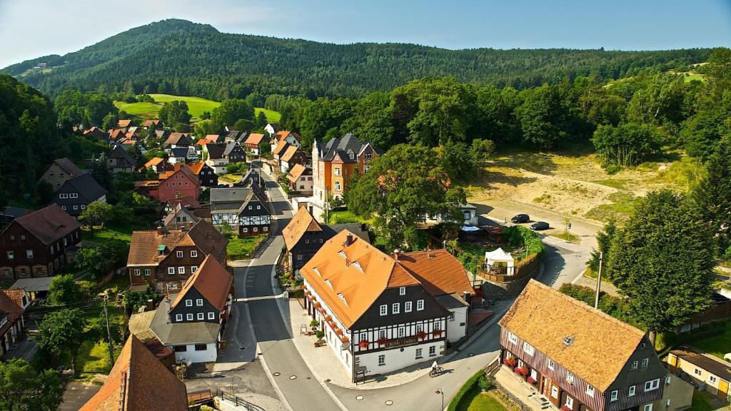 瓦尔特尔斯多夫Landhotel Quirle-Häusl的享有山区小镇的空中景色
