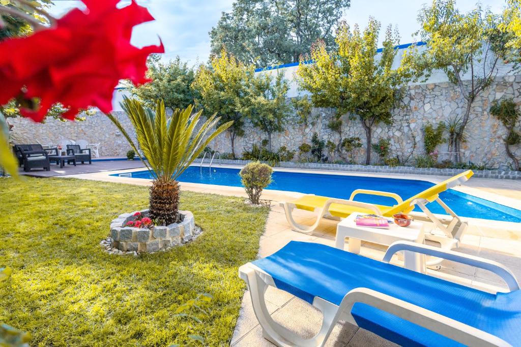 波塔莱格雷Cem Sentido - Alentejo Apartments的一个带椅子的庭院和一个游泳池