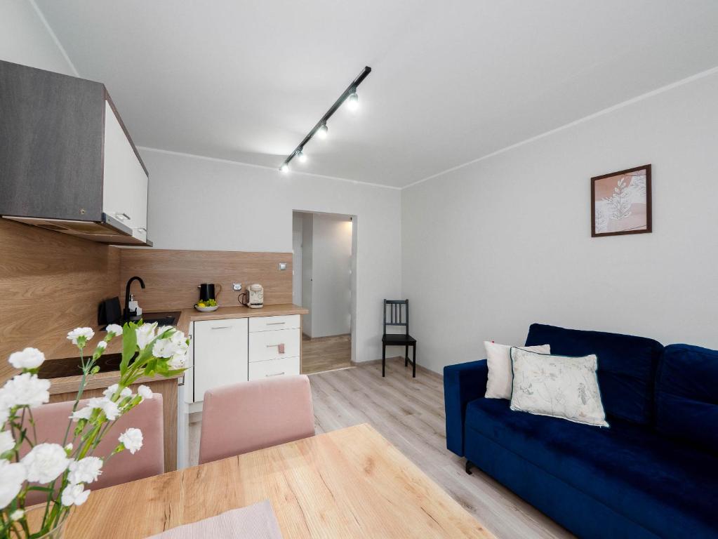 普沃茨克Best Choice 2-bedroom Apartment的一间带蓝色沙发的客厅和一间厨房
