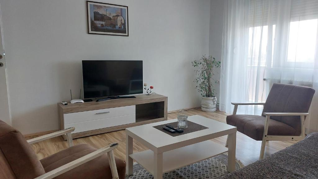 斯雷姆斯卡米特罗维察Apartman Centar的客厅配有平面电视和桌子。