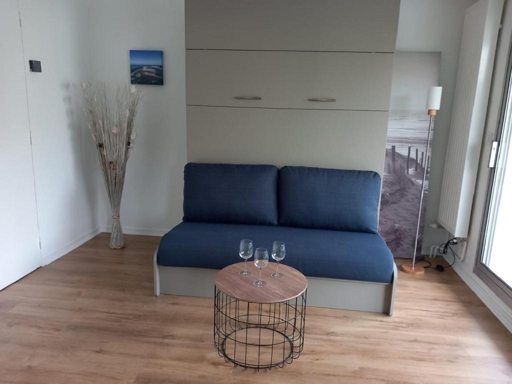 阿卡雄Appt calme au centre du Moulleau的客厅配有一张蓝色的沙发,配有一张桌子