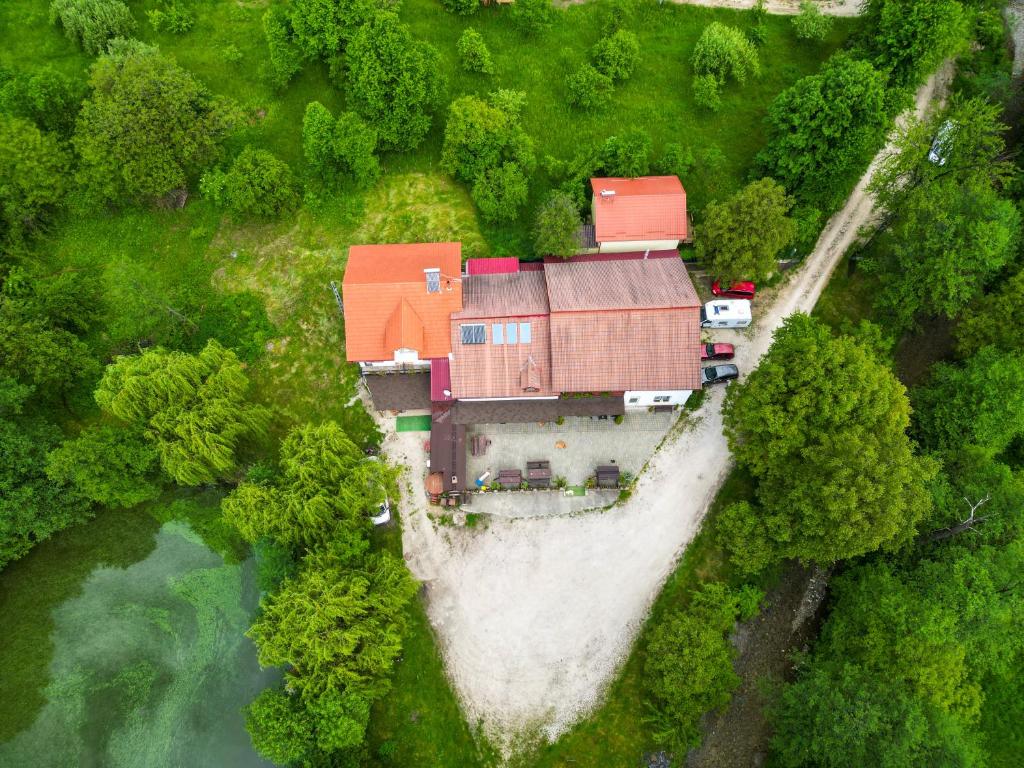 霍雷祖Pensiunea Broscuta的享有湖畔树林中房屋的空中景致