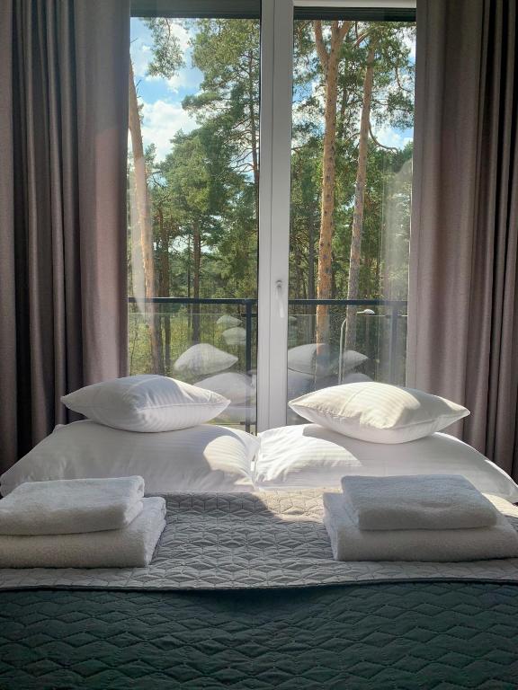 奥古斯图REMAR - Apartamentai prie Necko Ežero的卧室配有带枕头的床铺和窗户。