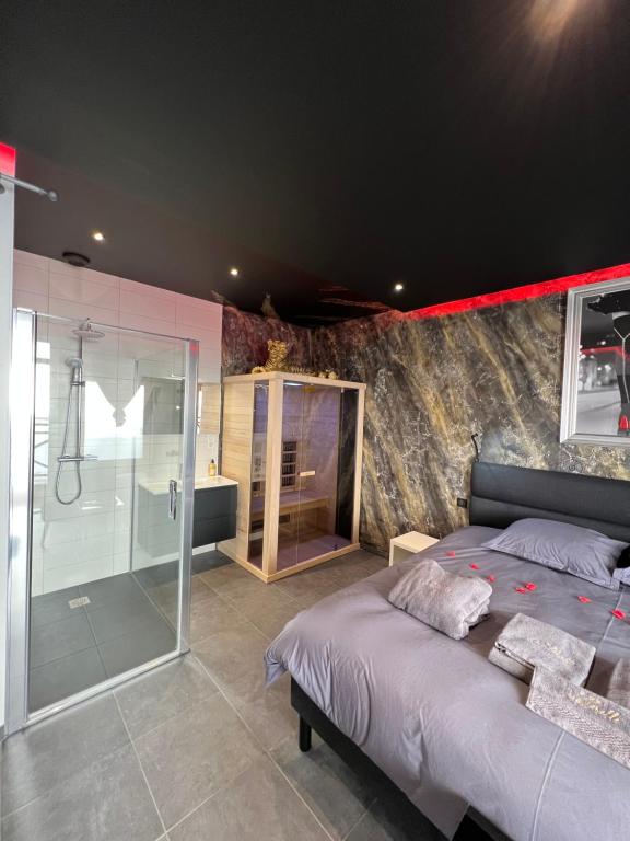 勒米尔蒙spa de la quarterelle LOVE ROOM 88 VOSGES的一间卧室设有一张大床和淋浴