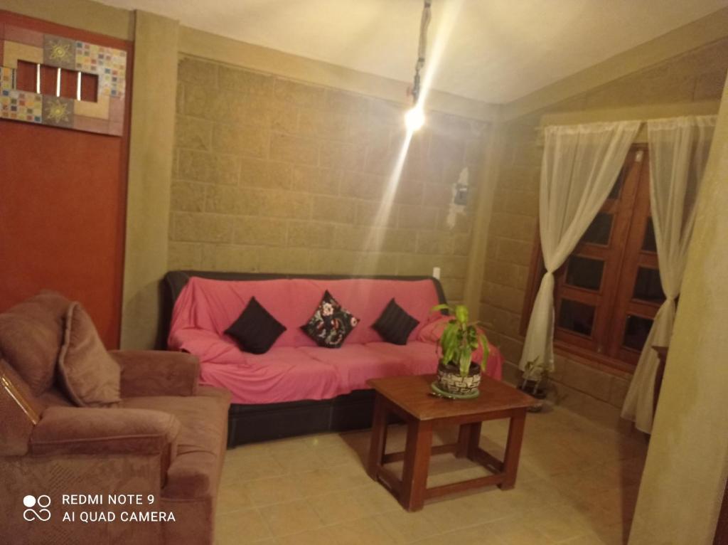 Cómoda casita de campo的客厅配有粉红色的沙发和桌子