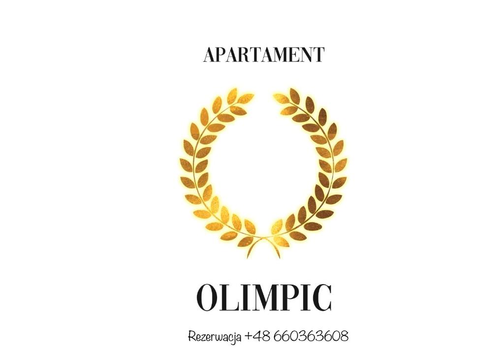 苏瓦乌基OLIMPIC Apartament Klimatyzacja Garaż Winda Suwałki的白底金色月桂花标志标志