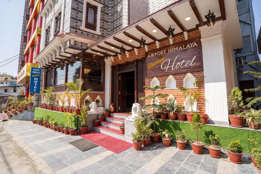 加德满都Airport Himalaya Boutique Hotel的商店前有盆栽植物的建筑