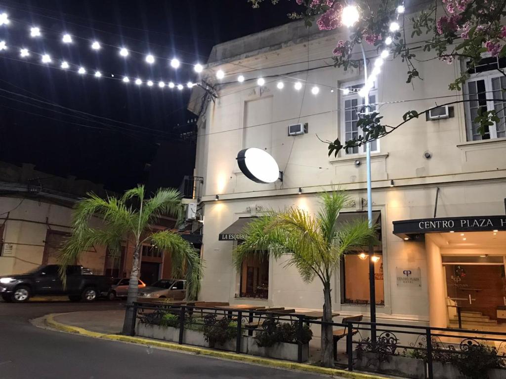 康考迪亚Centro Plaza Hotel的一座棕榈树在晚上的建筑