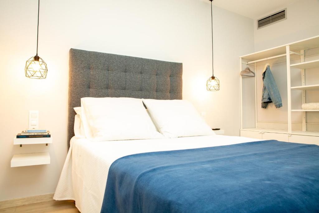 阿罗萨新镇O Legado de Ramira的一间卧室配有一张带蓝色毯子的大床