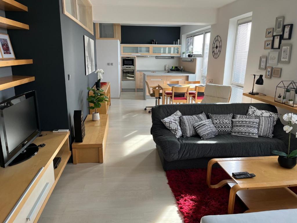 特尔纳瓦Apartmán Dolné Bašty的一间带黑色沙发的客厅和一间厨房