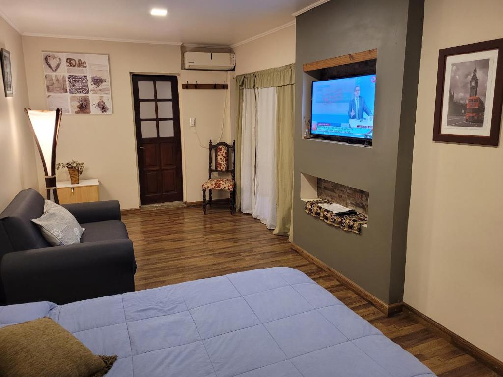 圣罗莎Monoambiente amplio, Centrico的客厅配有沙发和墙上的电视