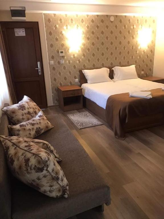 奥勒什蒂耶Pensiunea Casa Coroana的一间酒店客房,配有一张床和一把椅子