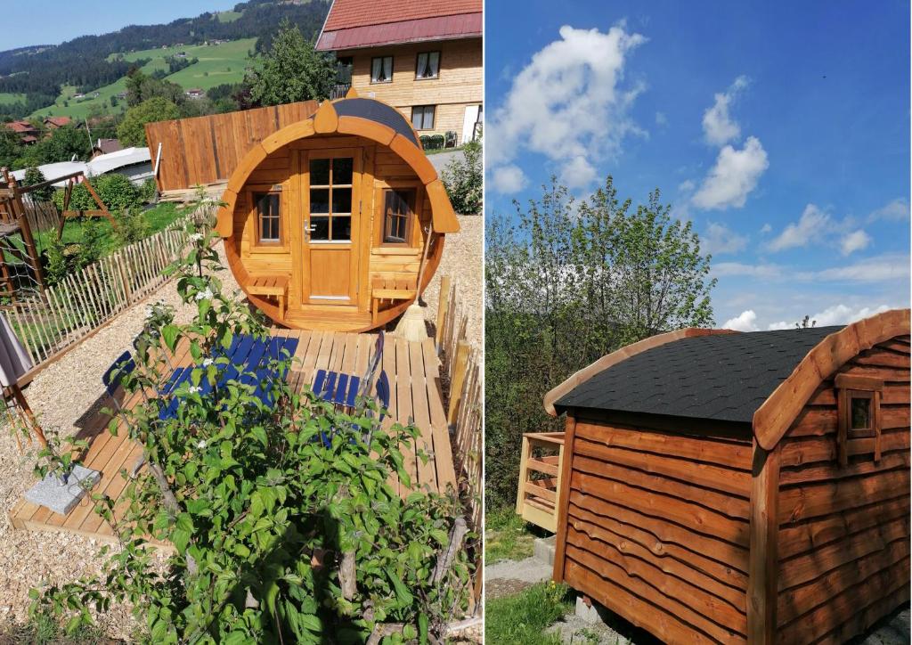 上施陶芬Wolpertinger | Camping-Aach的两幅木房子和花园的照片
