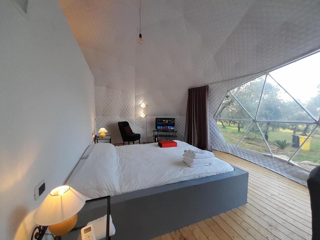 伊特里Glamping Domes San Martino的一间卧室设有一张床和一个大窗户