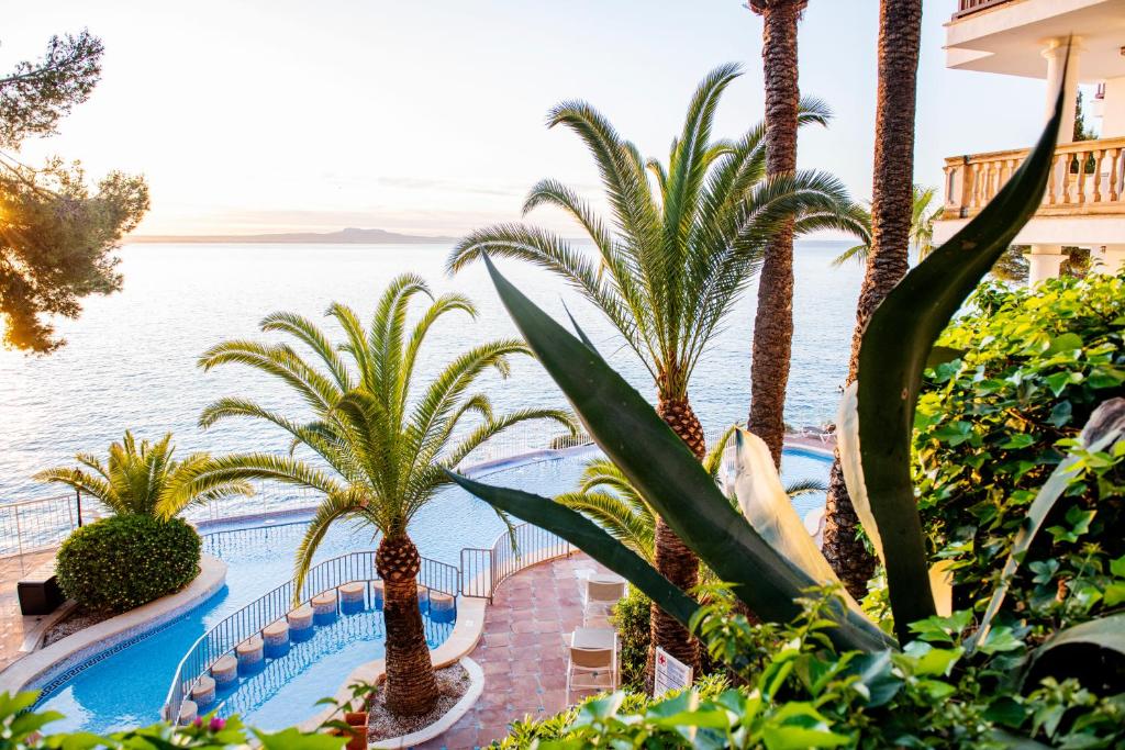 伊利塔斯Hotel ROC Illetas & SPA的享有棕榈树游泳池和大海的景色