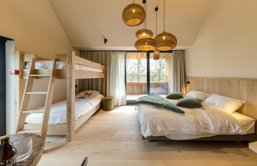 特镇Wood (Forestia)的一间卧室设有两张双层床和一扇窗户。