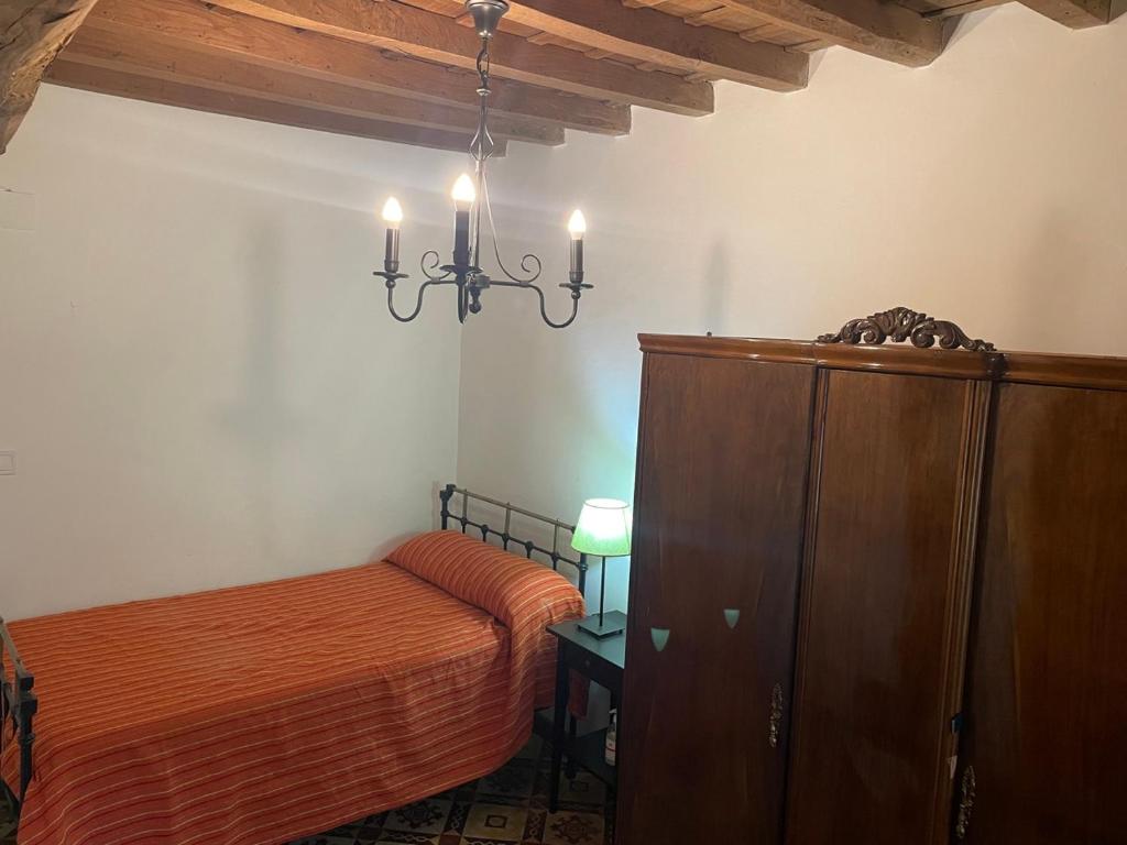 哈兰迪雅·德·拉·维尔Casa rural Aloha Vera的一间卧室配有一张床、一个橱柜和一个吊灯。