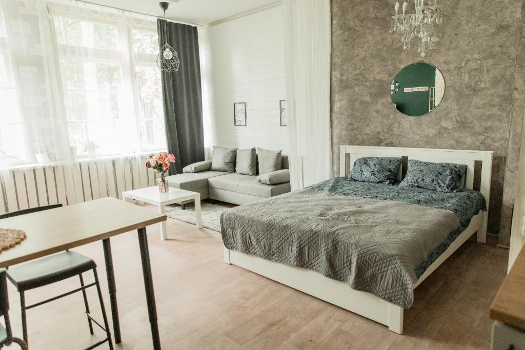 ĶegumsStudio type apartment in Ķegums的一间卧室设有一张床和一间客厅。