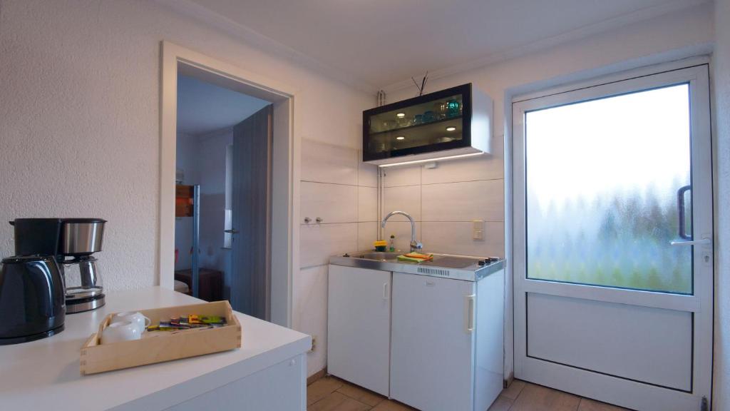 ParchtitzFerienhaus-Bruchalla的厨房配有水槽和带窗户的台面